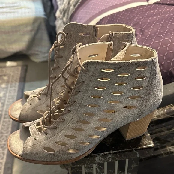 Paul Green Taupe Lace-Up Cutout Peep-Toe Ankle Boots - Picture 3 of 6